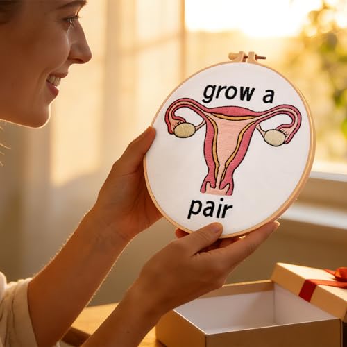 Image of Hand Embroidery Kits for Beginners Adults, Grow a Pair Uterus Embroidery DIY Kit, Stamped Cross Stitch Kits for Beginners Adult Craft Kits for Women, Entire Set of Embroidery Supplies & Video Tutorial