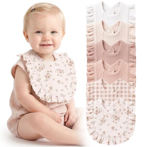 Image of Konssy 6-Pack Muslin Baby Girl Bibs, 100% Soft Cotton Absorbent Drool Bibs