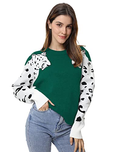 Avanova Women's Leopard Sleeve Sweater Long Sleeve Crew Neck Knitted Pullover Sweater,Green S #TOP1