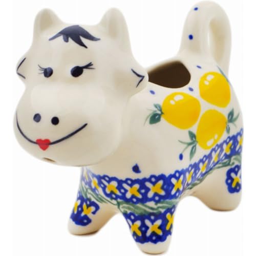 Authentic Polish Pottery Cow Shaped Creamer in When Life Gives You Lemons Design Handmade in Boles?awiec Poland by Ceramika Bona + Certificate of Authenticity
