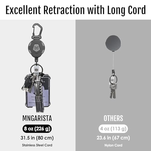 Image of MNGARISTA Retractable Keychain, Heavy Duty Carabiner Badge Holder, Tactical ID Badge Reel with 31.5 inch Steel Retractable Cord, 8.0 oz