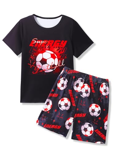 Mikrdoo Boys Pajamas Short Sleeve Top and Pants Summer 2 Piece Black Red Soccer Pj Set Soft Stretchy Loungewear for Tweens Size 10 Years