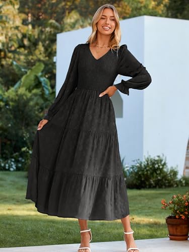 Image of Simplee Womens Long Sleeve Smocked Maxi Dress Tiered V Neck Flowy Fall Wedding Guest Long Dresses with Pockets