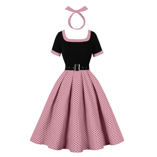 Image of Wellwits Women's Polka Dot Square Neck Vintage Dress Dusty Pink S
