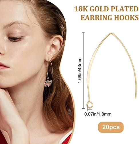Beebeecraft 1 Box 20Pcs 18K Gold Plated Ear Wires V-Shape 43mm Drop Earring Hooks for DIY Making Findings (Wire 0.7mm)