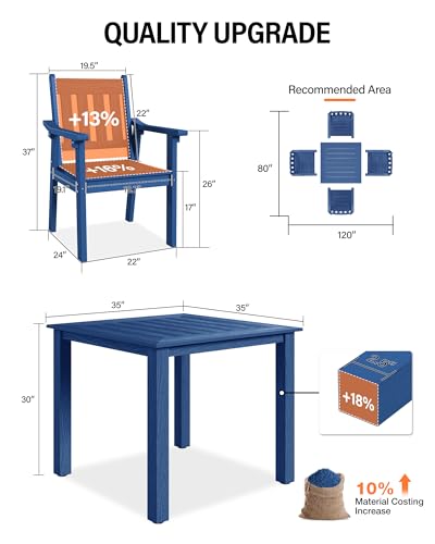 Image of YEFU HIPS Patio Table Set: 5 Piece Outdoor Square Table and Chairs with Metal Aluminum Frame - Blue Modern Plastic Patio Dining Furniture Set 4 Person for Outside Deck