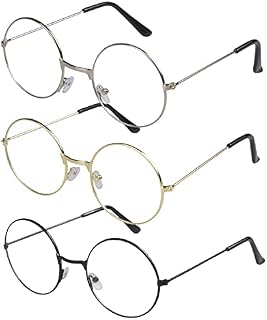 3 Pieces Adults Fancy Dress Round Glasses Metal Framed Classic Wizard Round Fake Glasses with Lenses Unisex Retro Glasses, Gold Silver Black