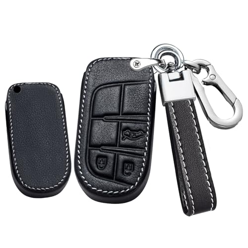TECART Skórzane etui na kluczyki samochodowe, pasuje do Jeep Cherokee Compass, Renegade Dodge RAM Chrysler FIAT 500, obudowa na klucze, 3 przyciski, etui na klucze, skórzane, czarne