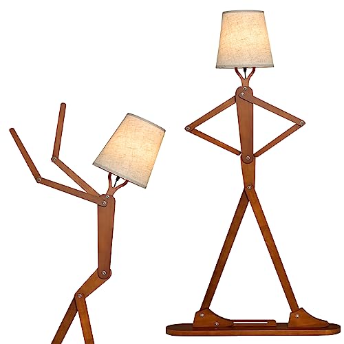 HOMASIS Lámpara de Pie Humanoide, Iluminación creativa y decorativa de madera, Postura intercambiable con articulaciones ajustables, Lámpara suelo para salón, dormitorio, 160cm de Altura (Marrón 2)