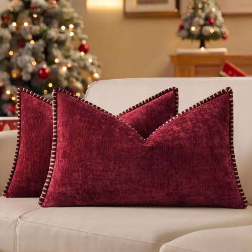 Image of decorUhome Soft Chenille Throw Pillow Covers 12x20 Set of 2 Wine Red