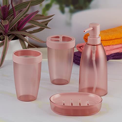 Image of Kookee Acrylic Bathroom Set - Stylish 4 Piece Bath Accessories Kit with Soap Dispenser, Toothbrush Holder, Tumbler & Soap Dish - Modern & Designer Decor for Home & Guest Bathrooms (8662)