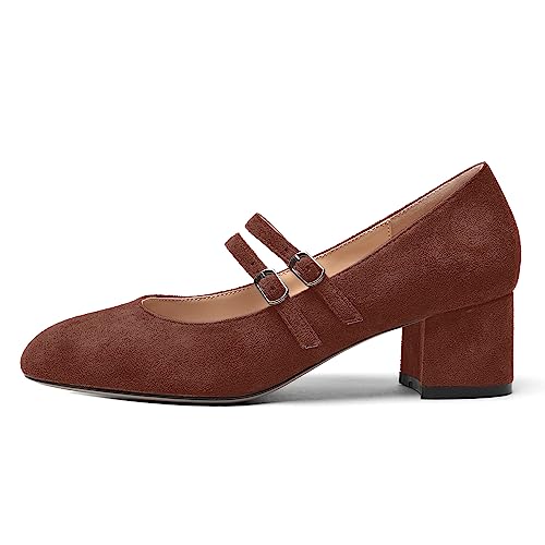 ROSERWISH Womens Comfortable Cute Round Toe Two Straps Party Suede Chunky Low Heel Pumps Dress Shoes 2 Inch2