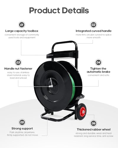 FAHKNS Strapping Cart, Heavy Duty Banding Cart Banding Wheel, Black Deluxe Steel Strap Dispenser for PET Strapping Roll/PP Strapping Roll Coil with 50 Packing Buckle Free