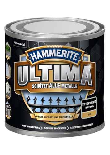 Hammerite Ultima Matt, Metallschutzlack, Hochwertiger Schutzlack für alle Metalle im Außenbereich, Tiefschwarz RAL9005, 250 ml Hammerite Ultima Matt, Metallschutzlack, Hochwertiger Schutzlack für alle Metalle im Außenbereich, Tiefschwarz RAL9005, 250 ml