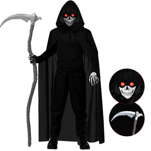 Costume Halloween Bambino, Vestito Fantasma Halloween Costume da Mietitore per Bambino Costume da Scheletro per Bambini con Maschera, Guanti, Falce e Catena, Costumi Halloween Bambini 4 -12 Anni (S