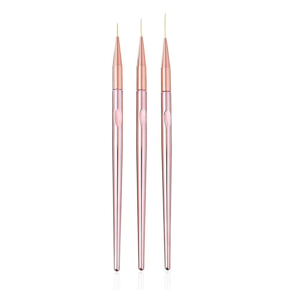 Aishu 3 Pcs Rose Gold Nail Art Liner Brushes Set, UV Gel Acrylic Application Nail Pens Nail Art Designs Tools(7mm/9mm/11mm)