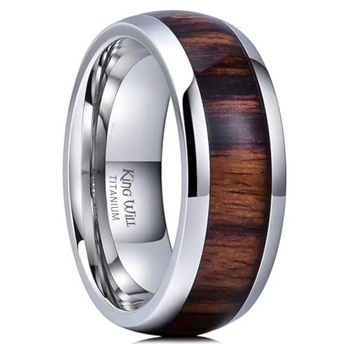 King Will Titanium Wedding Band for Men-8mm Dome Sliver Titanium Men Ring with Koa Wood Inlay, Wooden Wedding Band Ring for Men Women High Polished Comfort Fit Size 9