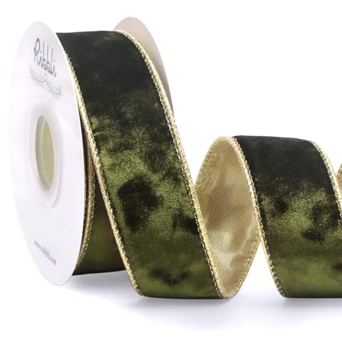 Image of Ribbli Olive Green Velvet Wired Ribbon 1.5 Inch Metallic Olive Green Crushed Velvet Christmas Ribbon for Gift Wrapping Christmas Tree Decoration Crafts Wreaths Supplies-Continuous 10 Yards