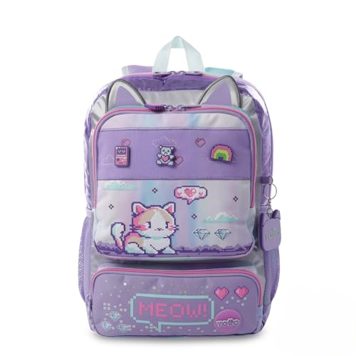 TOTTO - Mochila Infantil, Modelo Andy Cat M, Mochila Mediana, Capacidad 15 L, 2 Compartimentos, 2 Bolsillos Botella, Organizador Interno, Correas Ajustables y Acolchadas, Estampado Morado y Rosa