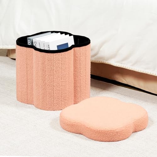 Image of B FSOBEIIALEO Storage Ottoman Cube, Flowers Shaped Ottomans with Storage Foot Stool Footrest for Lving Room, Boucle Ottoman Seat for Dorm Room,Faux Teddy Fur, Orange 12.6 inchx12.6 inchx12.6 inch