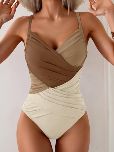 Image of B2prity Women's One Piece Swimsuit Tummy Control Criss Cross Slimming Bathing Suit Full Coverage Swim Suit V Neck Swimwear