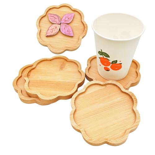 4PCS Bamboo Mosaic Coasters, Blank Base Trays for Crafts DIY Mosaic Supplies, Drinking Cup Coaster, Plant Coaster, Art Plate (Eight-petal shape)