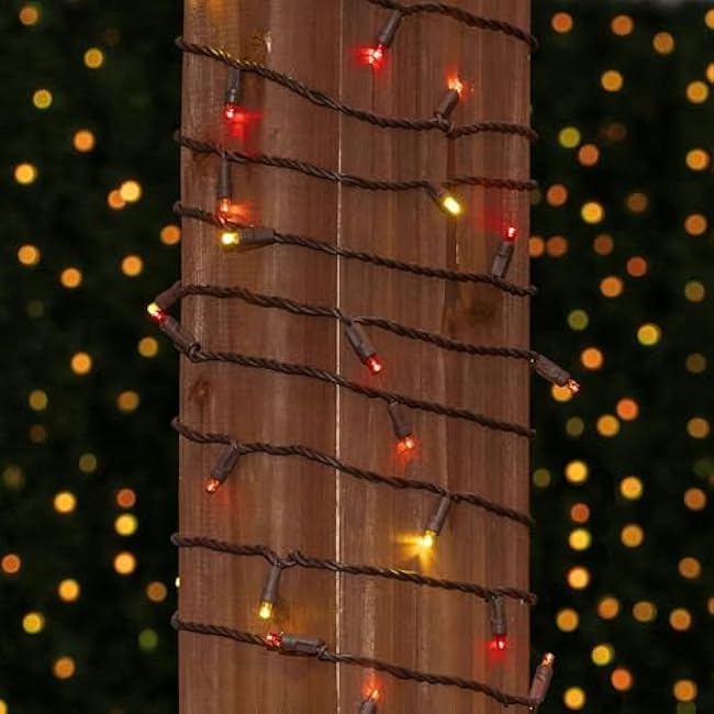 Novelty Lights 50ft 100 LED Yellow/Red/Orange Christmas String Lights, 6 Spacing on Brown Wire, UL Listed IP55 Commercial Grade Xmas Lights for Outdoor/Indoor, Dimmable, Connectable