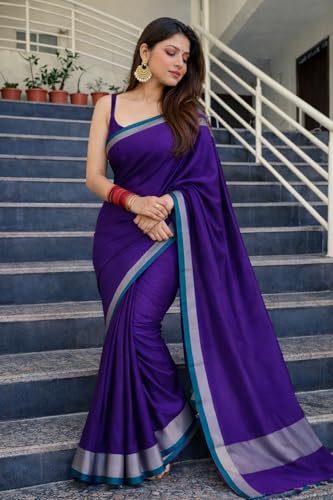 Image of Women's Glory Kanjivaram Soft Lichi Silk Saree With Embroidered Design and Zari Work For Wedding Banarasi Style Sari With Jacquard Woven Unstiched Blouse Piece for Wedding sadi (Purple)