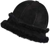 Zavelio Women's Shearling Sheepskin Winter Fur Bucket Beanie Hat Black Suede S