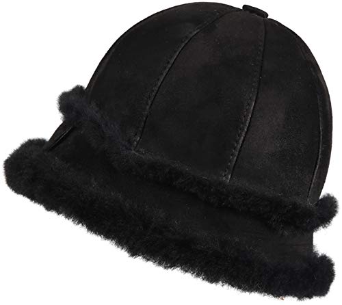 Zavelio Women's Shearling Sheepskin Winter Fur Bucket Beanie Hat Black