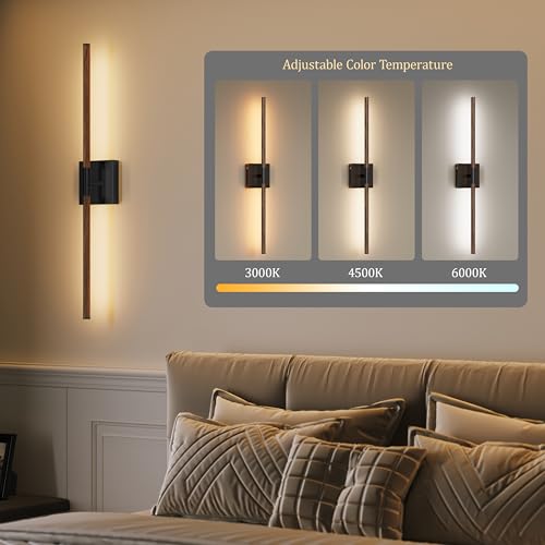 Image of Morauroral 24″ Walnut Black Battery Operated Wall Sconces, Dimmable Wall Sconces with Remote Control, Rechargeable Sconces Wall Lighting, LED Wireless Wall Lights for Bedroom, Living Room, Bathroom