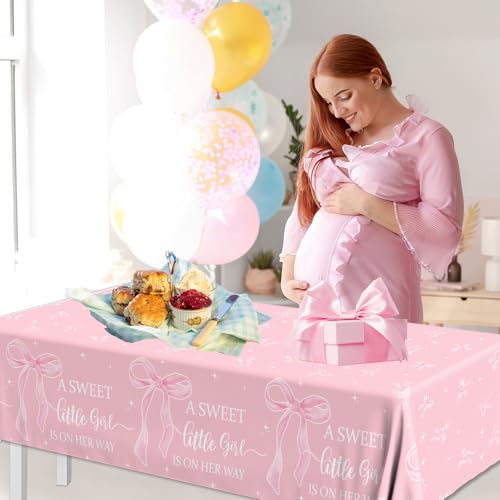 Image of 2Pcs A Sweet Little Girl is on Her Way Tablecloths,Pink Bow Baby Shower Decorations Coquette Bow Plastic Table Cover Pink Bow Birthday Party Tablecloth for Girl Baby Shower Party Decor