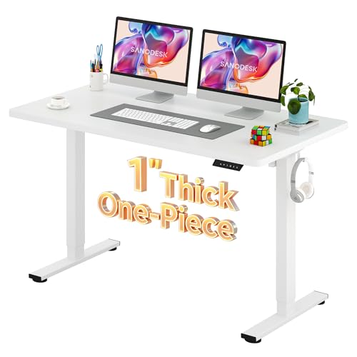 Image of SANODESK Electric Standing Desk 55 x 28 Inches Whole-Piece Desktop Height Adjustable Stand Up Desk w /6-Button Controller Ergonomic Computer Desk for Home Office, White Frame + White Tabletop