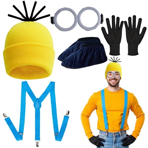 Karneval Kostüm Zubehör Set für Erwachsene 5-teiliges Cartoon Arbeiter Cosplay Outfit mit Mütze Brille Handschuhen Hosenträgern & Überschuhen für Fasching & Mottoparty
