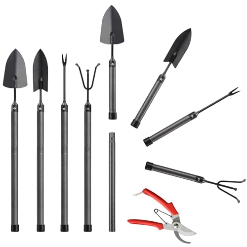 Garden Tool Set, 5Pcs Garden Tools with Extensions, Heavy Duty Rustproof Metal Gardening Tool Shovel Weeder Tiller Pruning Shear Gardening Supplies Gardening Gifts for Women Kids
