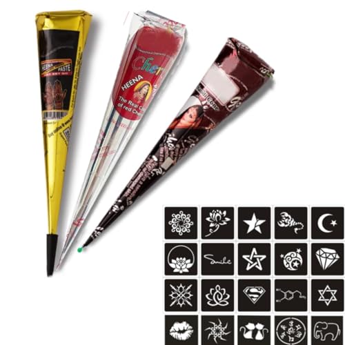 KARLOR 3 Pcs Henna Paste Cones with Tattoos Stencils, brown red black Henna cones 100% Natural Henna Cones for Temporary Tattoos Body Art All Natural Herbal Ingredients Chemical Free Long-lasting