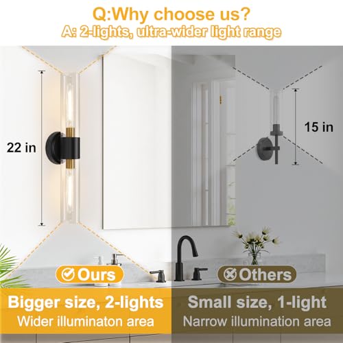 Image of Wall Sconces Set of Two, Modern Bathroom Sconces Wall Lighting with & Clear Glass Glass, Black and Gold Sconces Wall Decor Set of 2 for Bathroom Mirror Bedroom Living Room Hallway