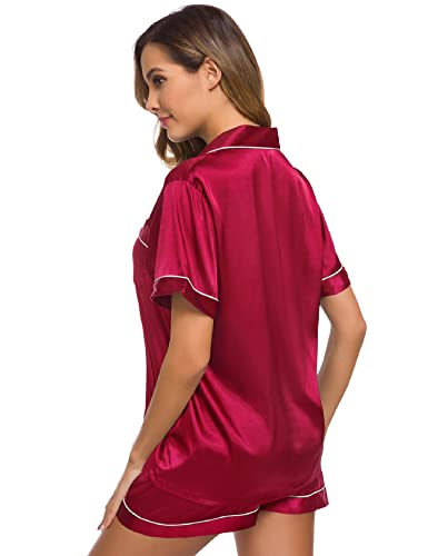 Image of SWOMOG Womens Silk Satin Pajamas Set Short Sleeve Sleepwear Button Down Top and Shorts Loungewear 2 Piece Pjs Set XS-3XL