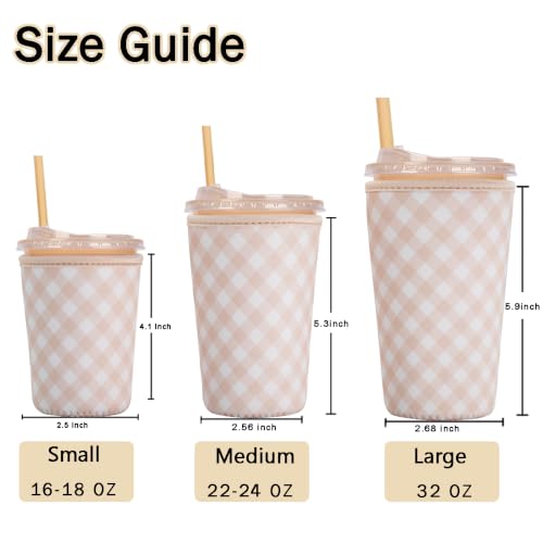 Image of Reusable Insulated Sleeve for Iced Coffee Cup, Coffee Neoprene Sleeve for Cold & Hot Drinks, Beverage Holder for Iced Coffee (Cream Gingham, Small: 16-18oz)