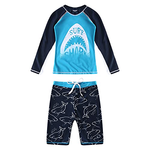 TTAO Little Big Boys Two Piece Swimsuits Rash Guard Sets Long Sleeve Sunsuit Swimwear Beachwear Sky Blue Shark 6-8 Years