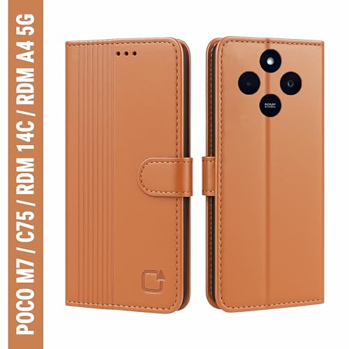 Image of AIBEX Shock Proof Flip Compatible for Redmi 14C 5G /Poco M7 5G /Redmi A4 5G /Poco C75 5G Flip Cover Leather Finish|Inside TPU with Card Pockets|Wallet Stand|Complete Protection Flip Case - Brown
