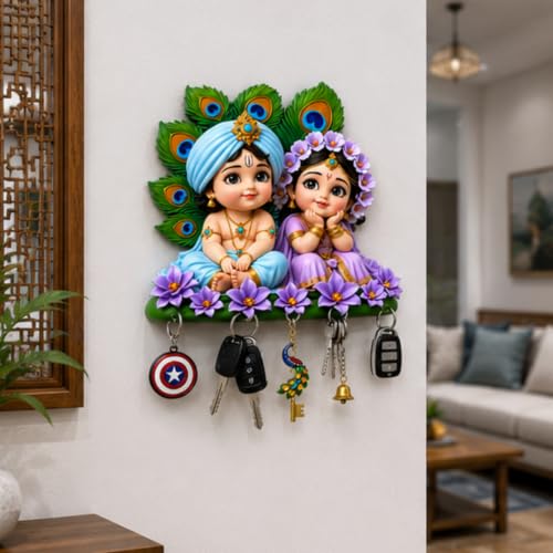 Image of Webelkart Premium Cute Radha Krishna Key Holder for Home /Office Decor | 3D UV Printed Wooden Key Hanger Decorative Key Chain Holder (10 x 10 Inches (Multi)