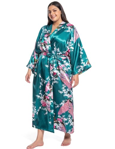 Image of Women's Floral Long Satin Robes Plus Size Long Silk Robes Peacock Floral Kimonos Sleepwear Dressing Gown