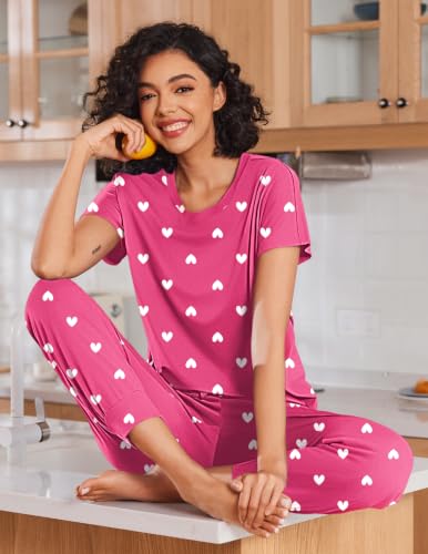 Image of Ekouaer 2 pack Womens Pajama Short Sleeve Jogger Pants Pjs Lounge Set | Pajama Sets with Pockets Comfy Sleepwear for Daily Wear, Sleep, Home, Sport, Workout