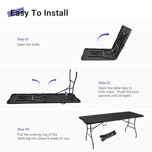 Image of Byliable Folding Table 6ft, Heavy Duty Portable Plastic Fold-in-Half Utility Table with Carrying Handle for Indoor Outdoor, Camping Picnic Party, Black