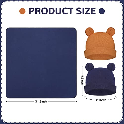 Geyoga 2 Sets Newborn Infant Swaddle Hat Infant Bear Ear Beanie Baby Receiving Blankets Newborn Swaddle Wrap Hospital Receiving Blankets For 0-6 Mouths Unisex Baby Boys Girls (Navy Blue, Camel) #TOP1