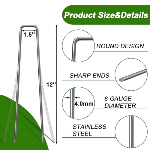 AAGUT 12 Inch 8 Gauge Landscape Staples 40 Pack Galvanized Garden Stakes Heavy Duty Sod Pins Fence Ground Stakes for Weed Barrier Fabric Ground Cover Dripper Irrigation Tubing Soaker - Thumbnail 2