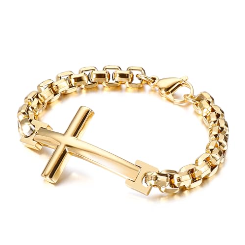 Azubpi Christian Stainless Steel Cross Link Men's Bracelet Religious Jewelry Bracelet for Men Women with Lobster Clasp, Gold 8.86 inches