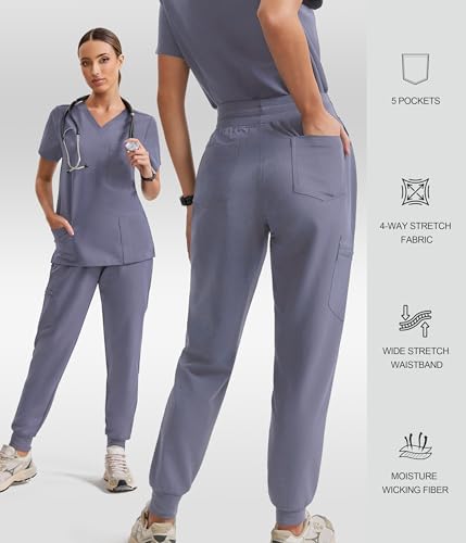 Image of YESWEL Scrub Pants for Women - Slim Fit High Waisted Cargo Joggers with Yoga Waistband & 5 Pockets, 4-Way Stretch