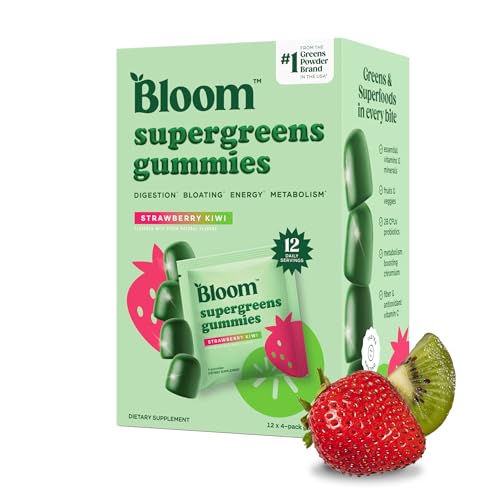 Bloom Super Greens Gummies Daily Greens Superfood Fiber Gummies with Fruits Vegetables Vitamins & Minerals for Digestive & Gut Health Bloating Support Strawberry Kiwi 12 Servings (48 Total)